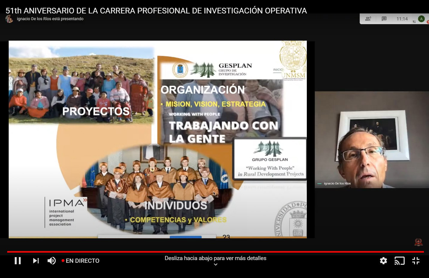 Momento de la ponencia del Dr. Ignacio de los Ríos en el 51 th Aniversario de la Carrera Profesional de Investigación Operativa