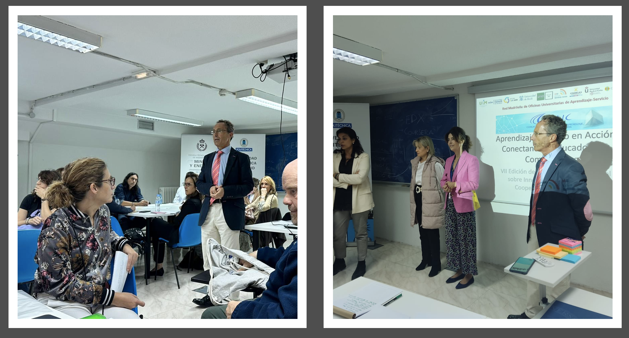 Presentación de la metodología y del marco conceptual por el profesor Ignacio de los Ríos y palabras de bienvenida de María Luisa Martínez Muneta, Adjunta al Vicerrector para Innovación Educativa, Evaluación Docente y Sostenibilidad de la UPM, Berta Paz Lourido (Presidenta de la Asociación de Aprendizaje-Servicio Universitario, ApS(U) y Raquel Portaencasa de la Oficina ApS de la UPM.